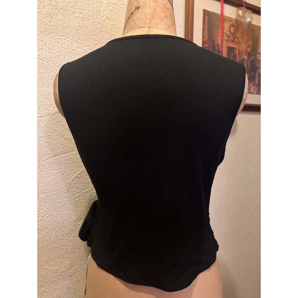 Women's Solid Black Ribbed Sleeveless Wrap Side Tie Side Top NWT Size M - Picture 2 of 10
